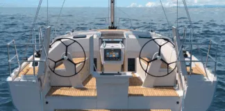 An elegant swim platform is a helpful feature for warmer waters. The Hanse 360's folding swim step automatically lowers and raises. (Photo courtesy of Hanse Yachts)
