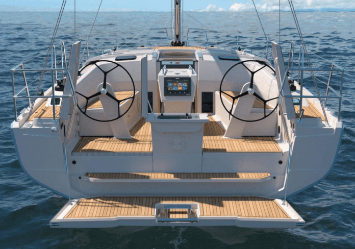 An elegant swim platform is a helpful feature for warmer waters. The Hanse 360's folding swim step automatically lowers and raises. (Photo courtesy of Hanse Yachts)