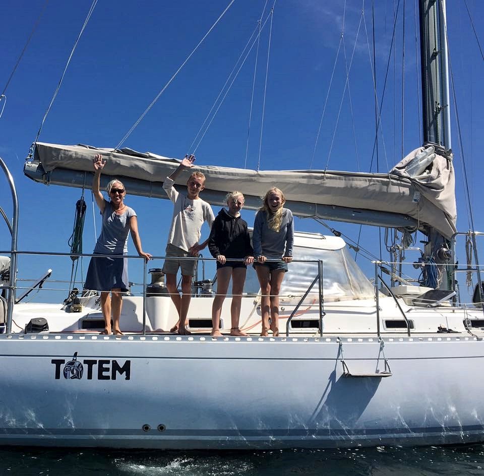 Behan on board SV Totem with her three children. (Photo/ Wendy K Oneil)