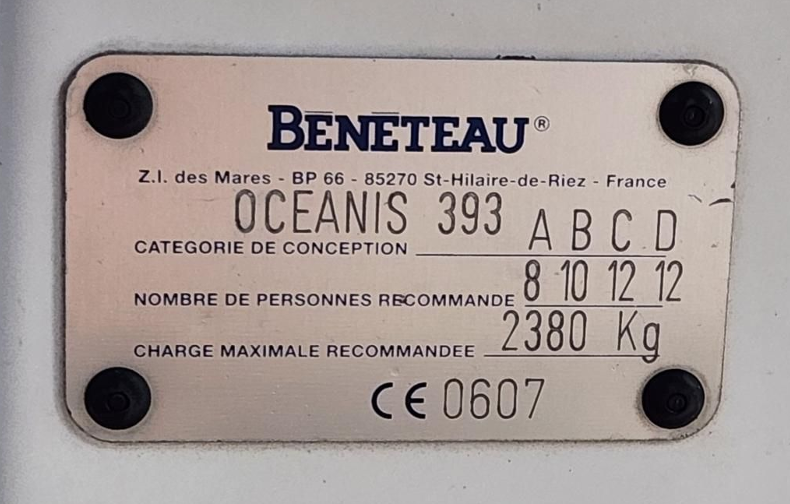 Oceanis 393 CE categories with their corresponding number of people and max weight (charge maximale recommandee). (Photo/ Roland Stockham)