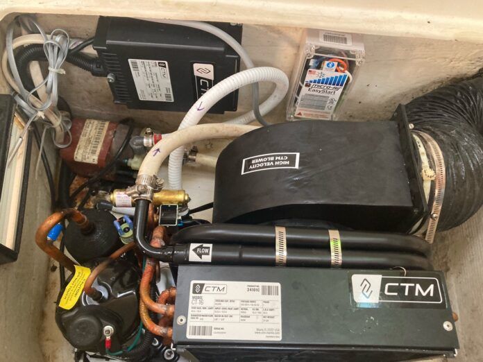 16,000 BTU Citimarine AC unit installed to replace a Dometic unit. Dometic did not have a replacement available due to supply-chain issues as a result of the pandemic. (Photo/ Phil Decker)