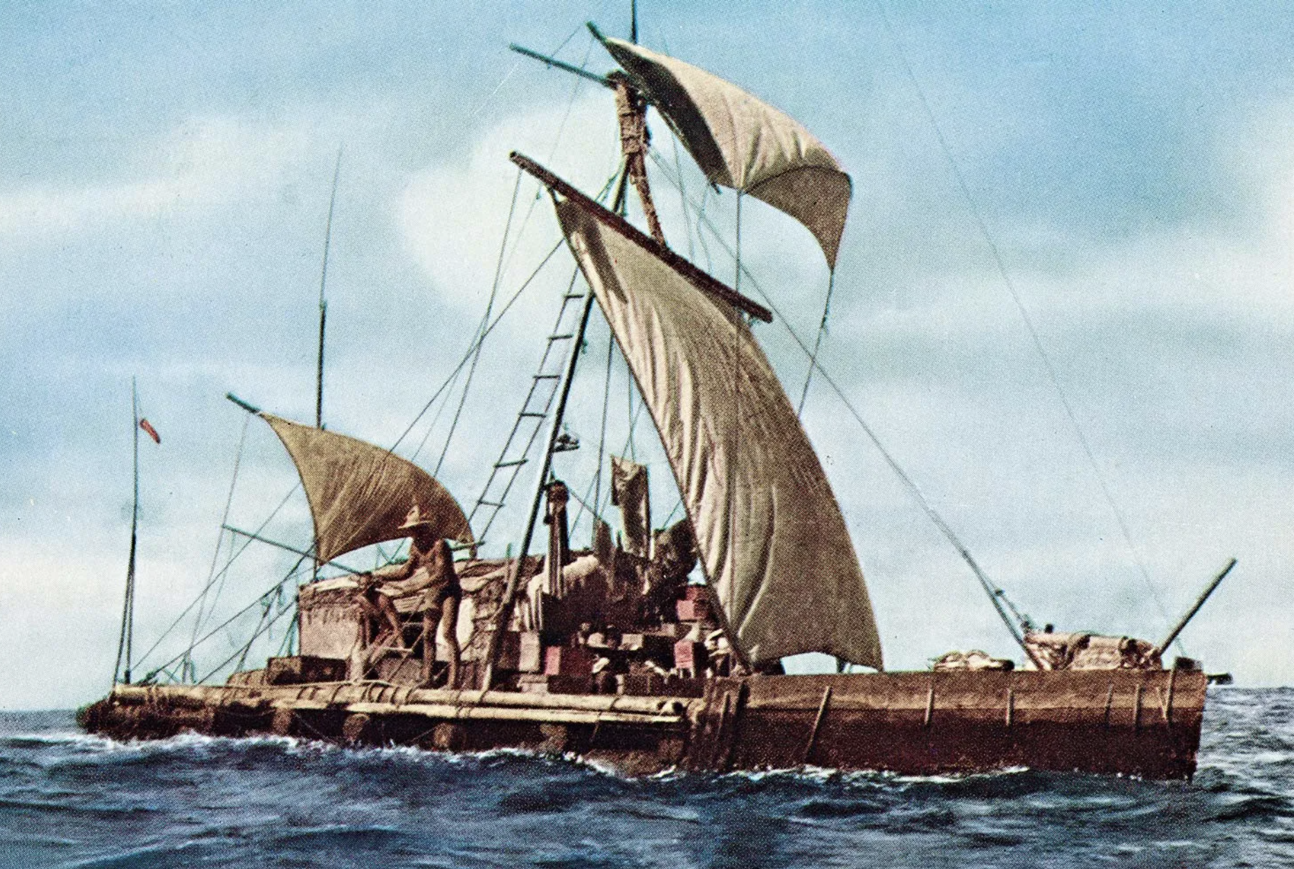Thor Heyerdahl's raft Kon-Tiki crossing the Pacific Ocean, 1947. National Library of Norway. (Image/ Encyclopedia Britannica)