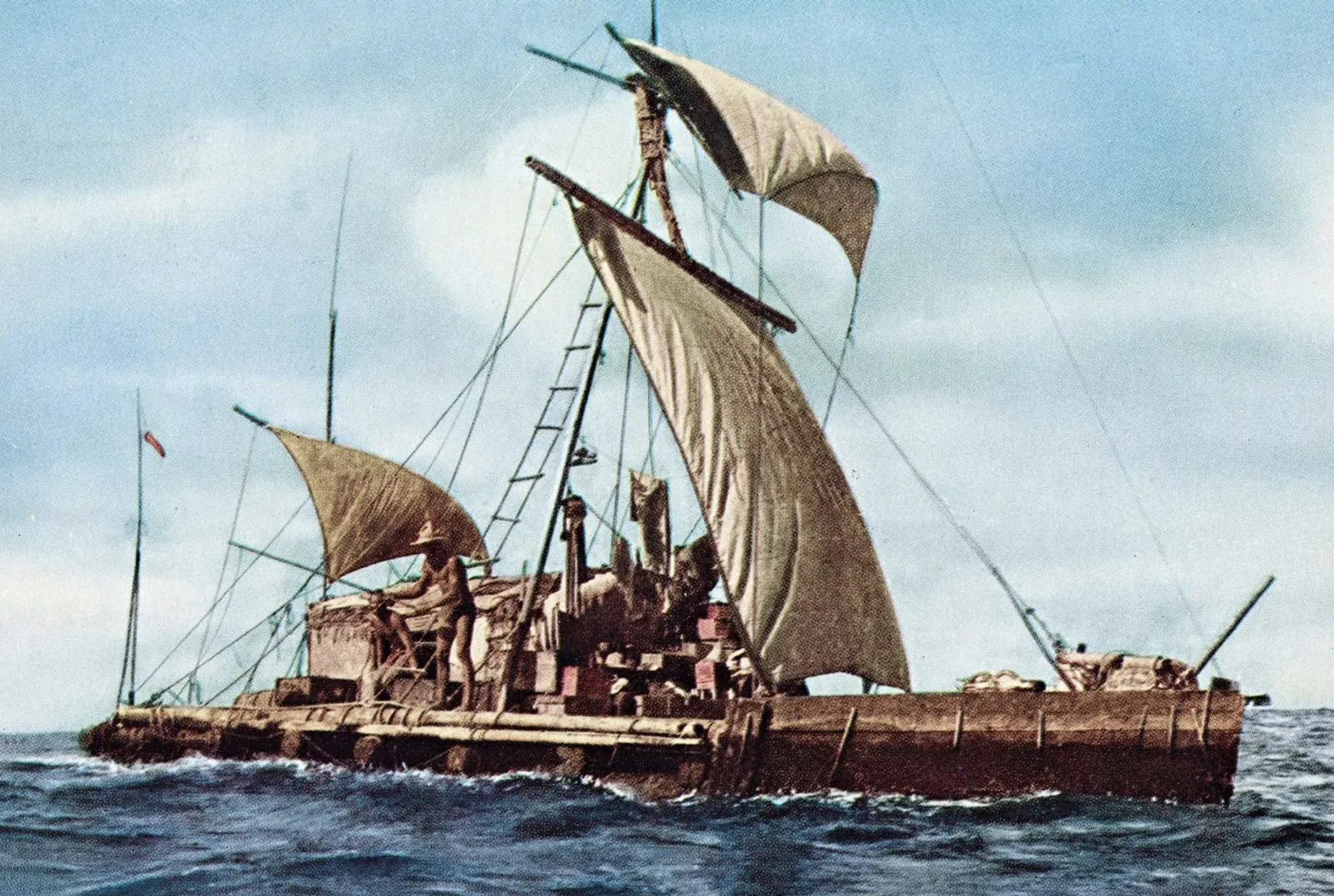 Thor Heyerdahl's raft Kon-Tiki crossing the Pacific Ocean, 1947. National Library of Norway. (Image/ Encyclopedia Britannica)