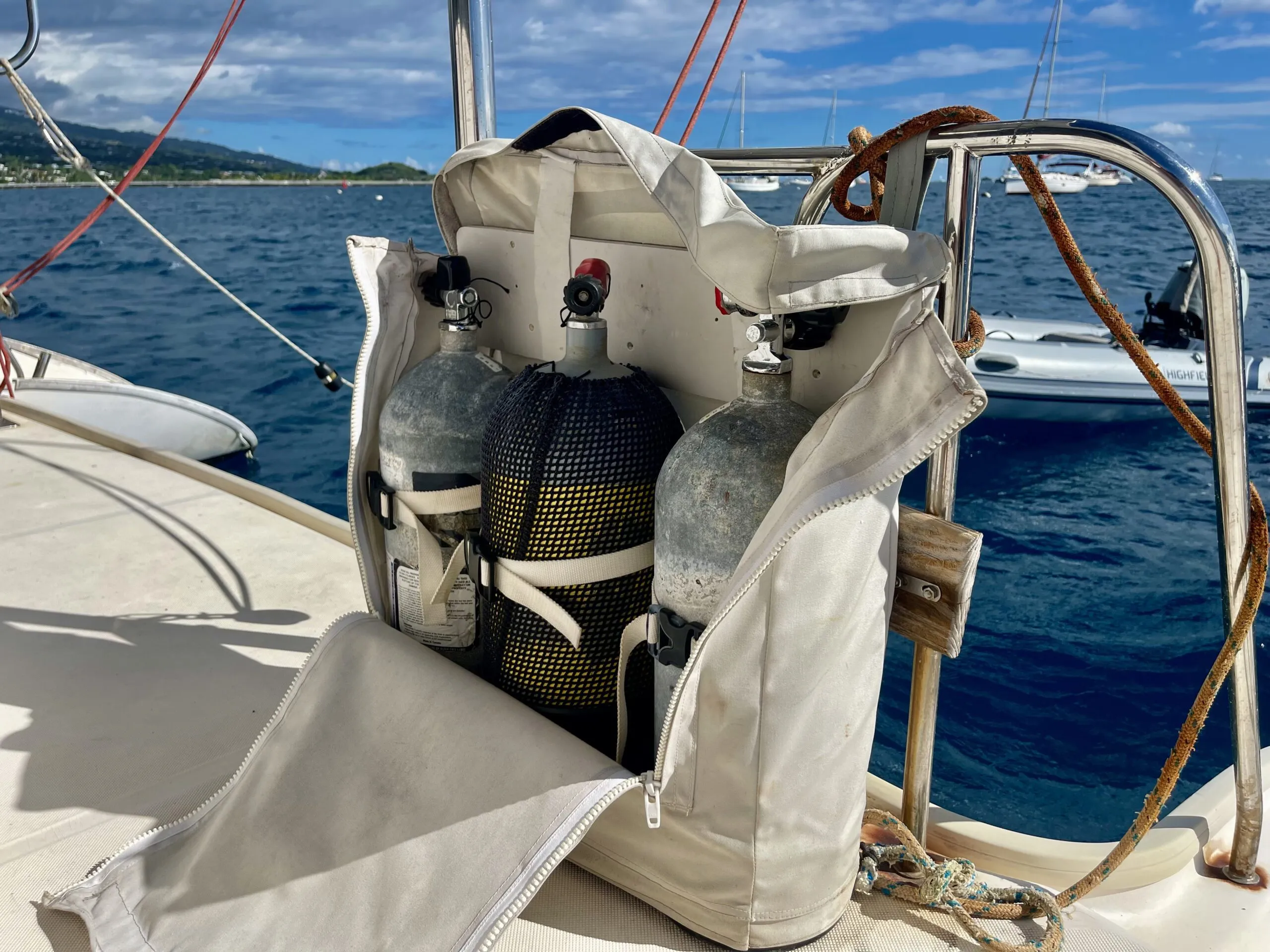 Cylinder storage on Indikos' aft deck. (Photo/ Iain Cameron )