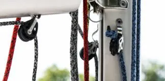 The Vakaros Atlas 2 mounted on the mast. It has a 4.4-in. transflective LCD screen, 320x240 pixel resolution (91 ppi) and red backlight. Photo courtesy of Vakaros.