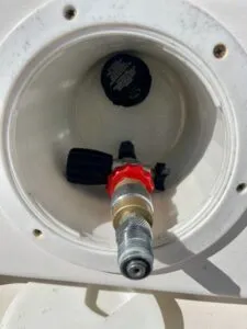 External port for air intake and hose filler in transom. (Photo/ Iain Cameron)