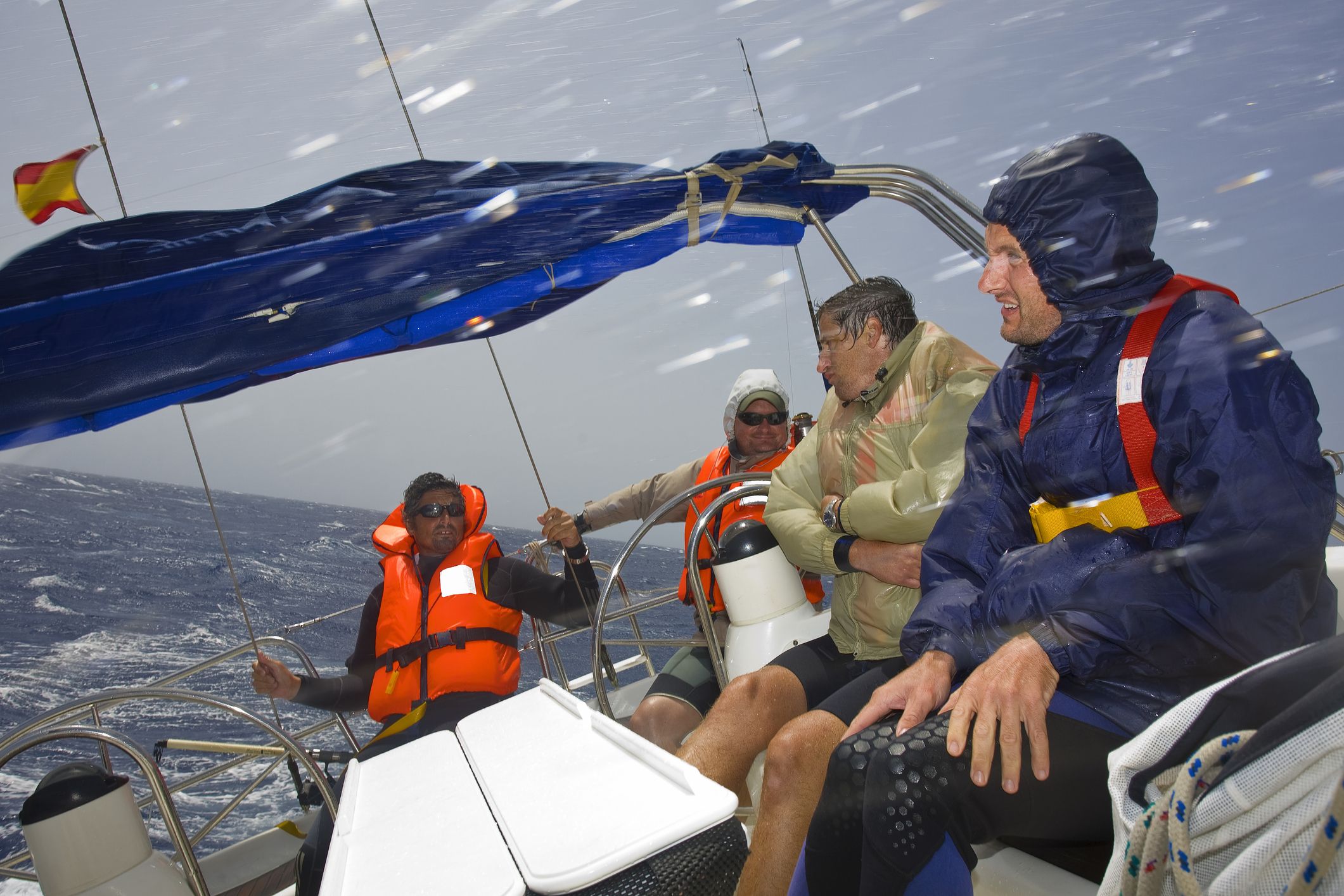 Gale force winds between Tenerife and Gran Canaria make a pleasant day's sailing into something slightly wetter. Make sure you make a plan ahead of time for how you will change the watch schedule in difficult weather conditions so crew do not get worn down. (Photo/Alex Bramwell/ Getty)