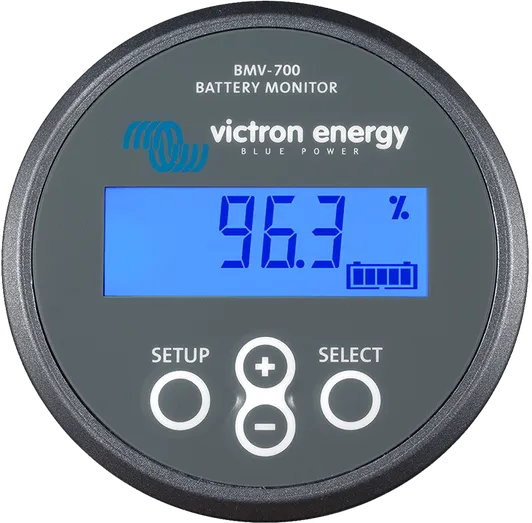 Victron Energy BMV-700 Battery Monitor. From Victron: "The BMV-700 is a high precision battery monitor. The essential function of a battery monitor is to calculate ampere hours consumed and the state of charge of a battery. Ampere hours consumed are calculated by integrating the current flowing in or out of the battery."