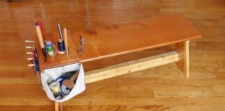 This finishing bench is a rough copy of one I saw in a sailmaker’s workshop. It is both a piece of furniture and an efficient tool for periodic sail maintenance. (Photo/ Drew Frye)