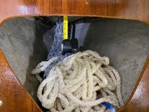 An Albin Ballad 30 forepeak locker accommodates 200 feet of half-inch 8-plait line and 20 feet of 1/4 -inch chain with more than nine inches of clearance and little impact on the waterline. (Photo/ Doug Henschen)