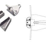 Anchor chocks hold an anchor securely on any reasonably flat surface, but you’ll need to drill 10 holes to mount the component parts, so think twice about this option. (Photo and line drawing courtesy of Sea-Dog)