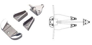 Anchor chocks hold an anchor securely on any reasonably flat surface, but you’ll need to drill 10 holes to mount the component parts, so think twice about this option. (Photo and line drawing courtesy of Sea-Dog)