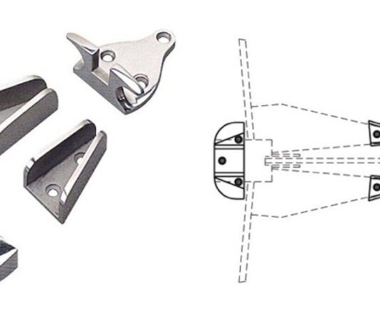 Handling Anchors on Boats Without Anchor Lockers Anchor chocks hold an anchor securely on any reasonably flat surface, but you’ll need to drill 10 holes to mount the component parts, so think twice about this option. (Photo and line drawing courtesy of Sea-Dog)
