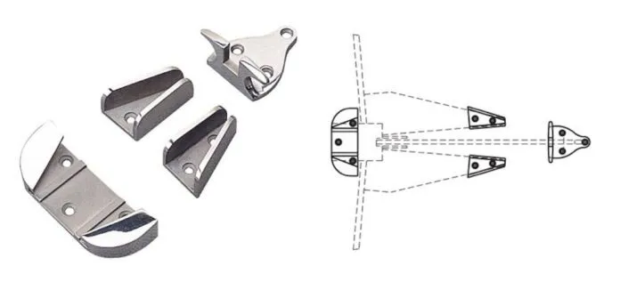 Anchor chocks hold an anchor securely on any reasonably flat surface, but you’ll need to drill 10 holes to mount the component parts, so think twice about this option. (Photo and line drawing courtesy of Sea-Dog)