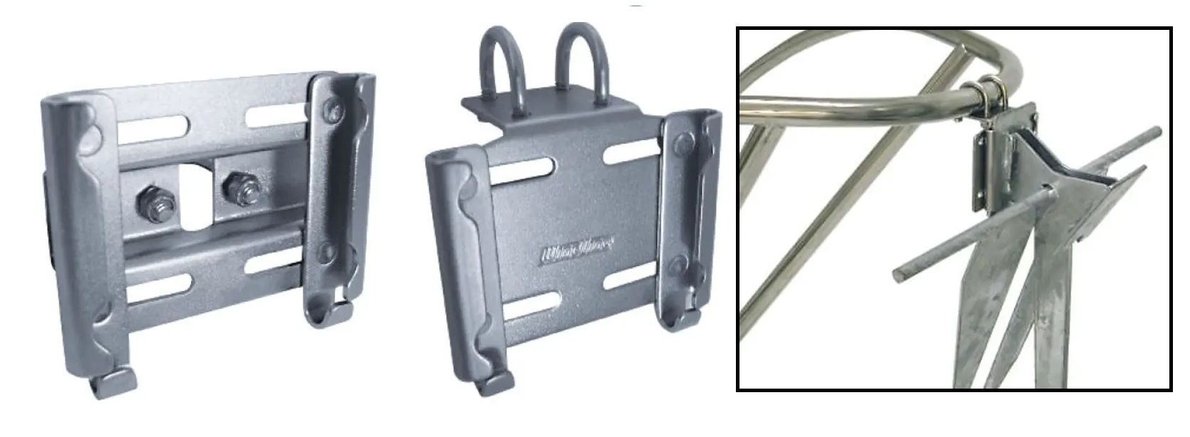 Windline offers stanchion-mount (left) and bow-rail mount (center) anchor brackets. The brackets are adjustable to the size of the inverted trapezoidal tripping palm. (Image courtesy of Windline) 