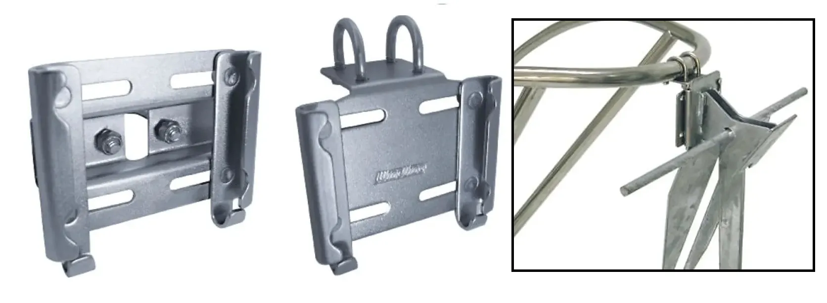 Windline offers stanchion-mount (left) and bow-rail mount (center) anchor brackets. The brackets are adjustable to the size of the inverted trapezoidal tripping palm. (Image courtesy of Windline) 