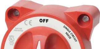 Blue Sea E Series Battery Switch. The author recommends retaining the manual combiner, first for its functionality as a high-capacity isolation switch but also for manual combining of the two systems in an emergency.