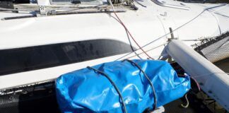 120 liter dry bags, listed as "generic" on Amazon, act as deck cargo storage. when properly lashed down. (Photo/ Drew Frye)