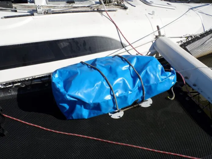 120 liter dry bags, listed as "generic" on Amazon, act as deck cargo storage. when properly lashed down. (Photo/ Drew Frye)