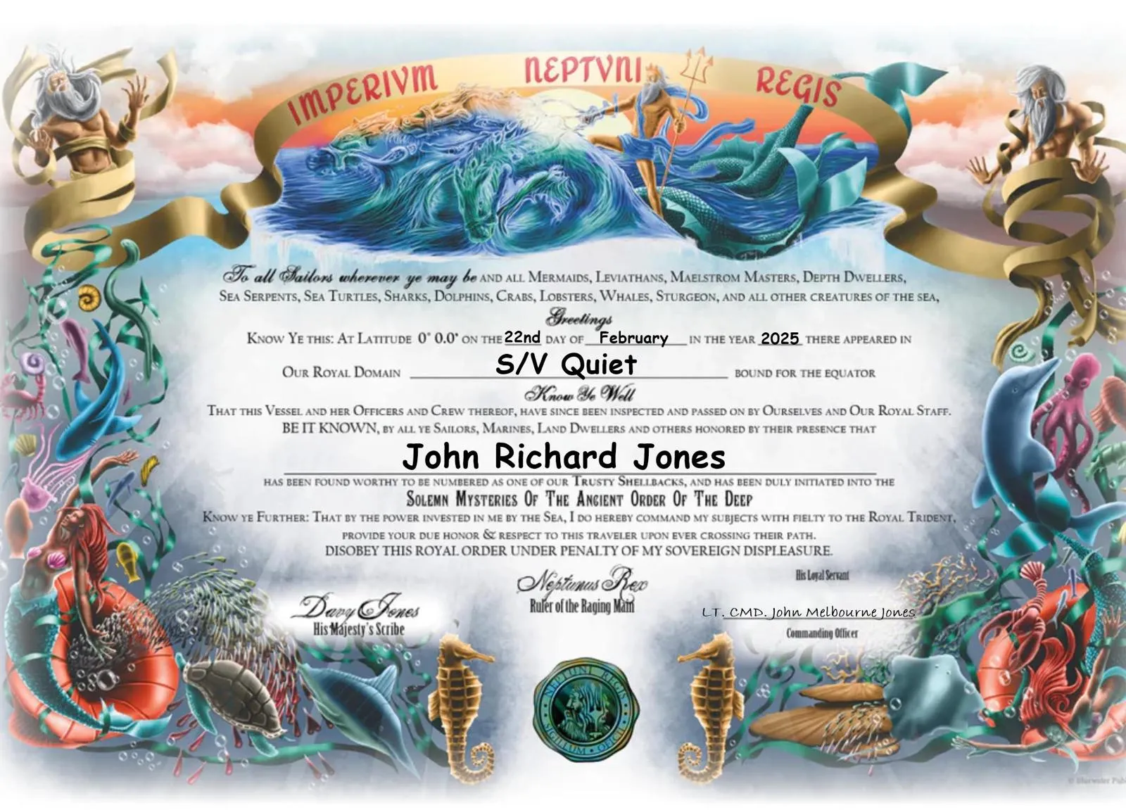 This is a beautiful certificate that John's brother in law created for John as he crossed the Equator in honor of his Dad. (Courtesy of John Jones)