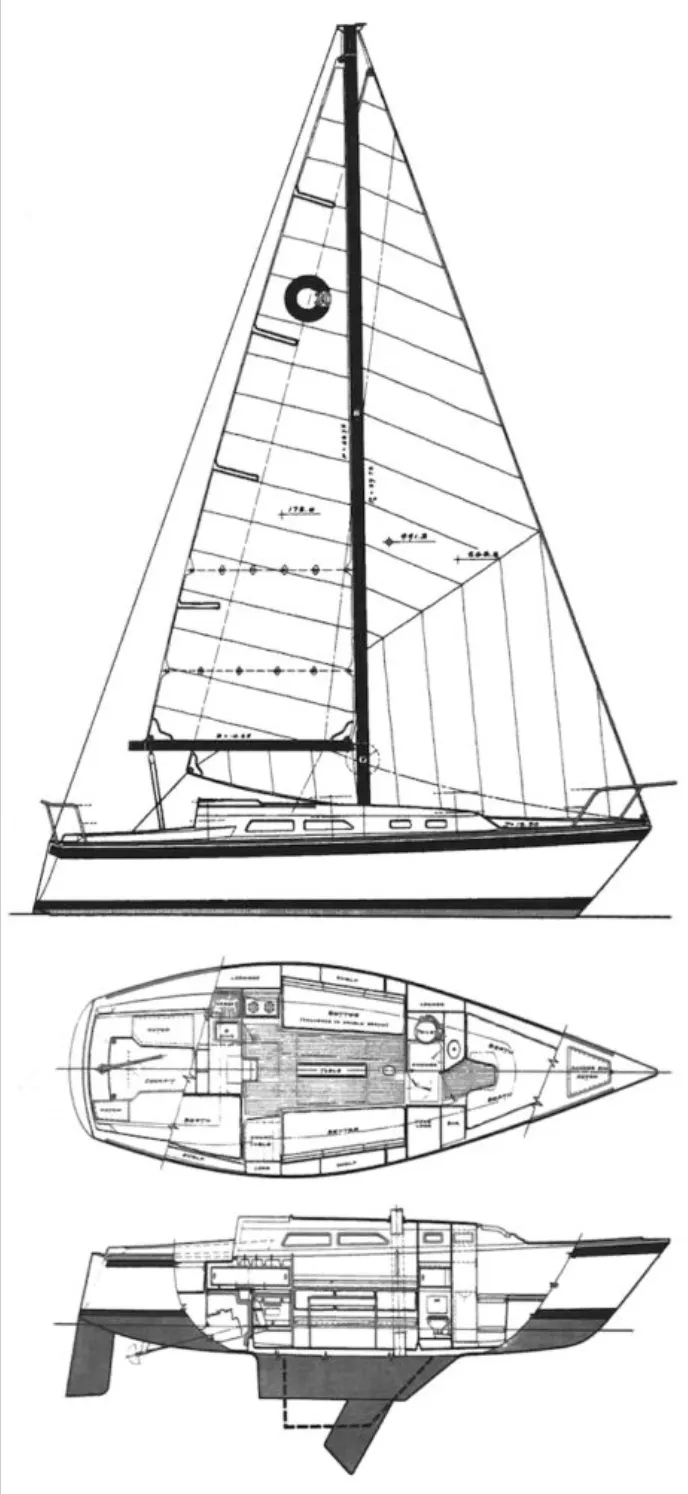 The O'Day 30 has a well-balanced design for coastal cruising, with a moderate beam and generous interior volume for its length. While the layout maximizes comfort and storage, the fuel and water tank capacities are limited for extended cruising. Courtesy of Sailboatdata.com