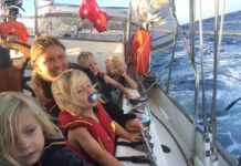 Carolyn Powles with her brood aboard a 1978 Herreshof Mobjack ketch, at sunrise on passage to Fiji. (Photo/ Carolyn Powles)
