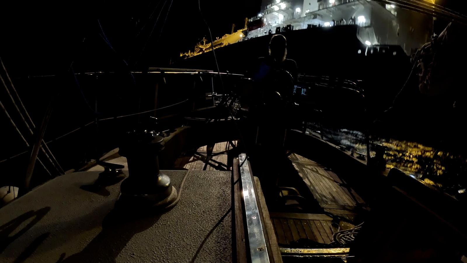 The LNG vessel was alongside Quiet for several hours in the darkness of night using a crane to drop generous amounts of diesel, engine oil and food. It took John four hours to stow all of the supplies. (Photo/ John Jones)