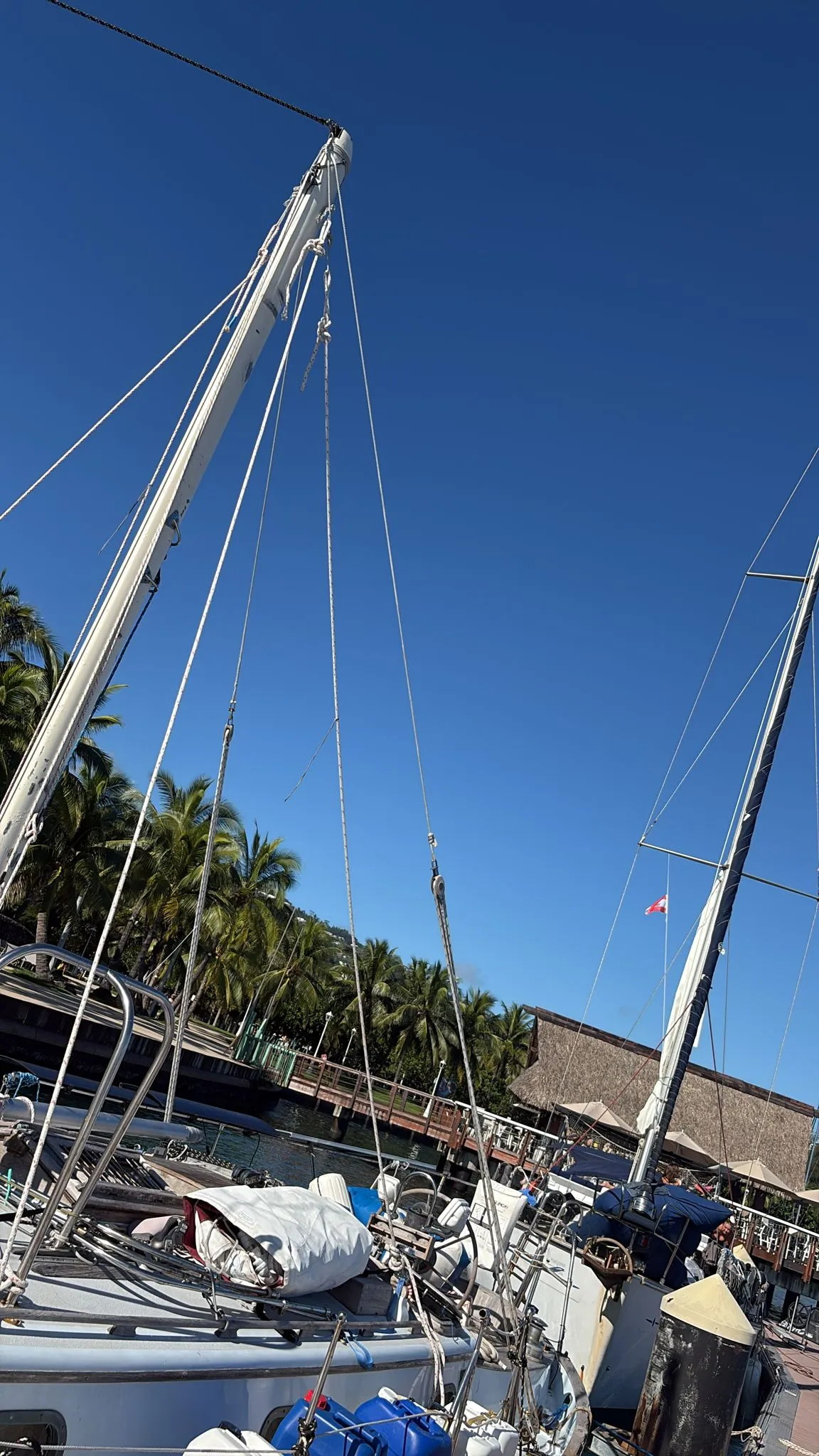 Quiet at the dock in Tahiti. Notice the backstays used as shrouds. (Photo/ John Jones)