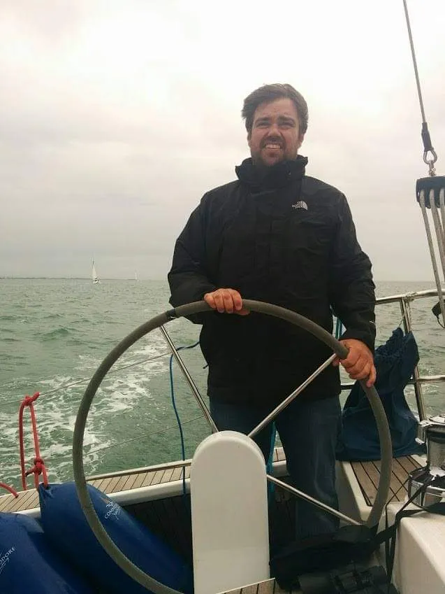 Sam Sailing (1) Forty-eight year old Sam Carson, now living and working in London, England, spent 20 of his first 30 years of life at sea. After being raised aboard our boat Kluane and circumnavigating the Pacific as a child, he proceeded to circumnavigate the globe aboard the tall ship Concordia while doing his Grade 12 in a Canadian education program hosted by Class Afloat out of Montreal, Quebec. Sam subsequently became crew aboard the Concordia for several years and again circumnavigated the globe - being one of few people in the world who have sailed both Capes twice on a tall ship. Sam obtained his 200 ton Captain license and worked professionally aboard private boats for another 10 years. With his working career on boats now finished he happily sails the Solent in England solo in his private boat as often as time allows. (Photo/ Pamela Bendall)