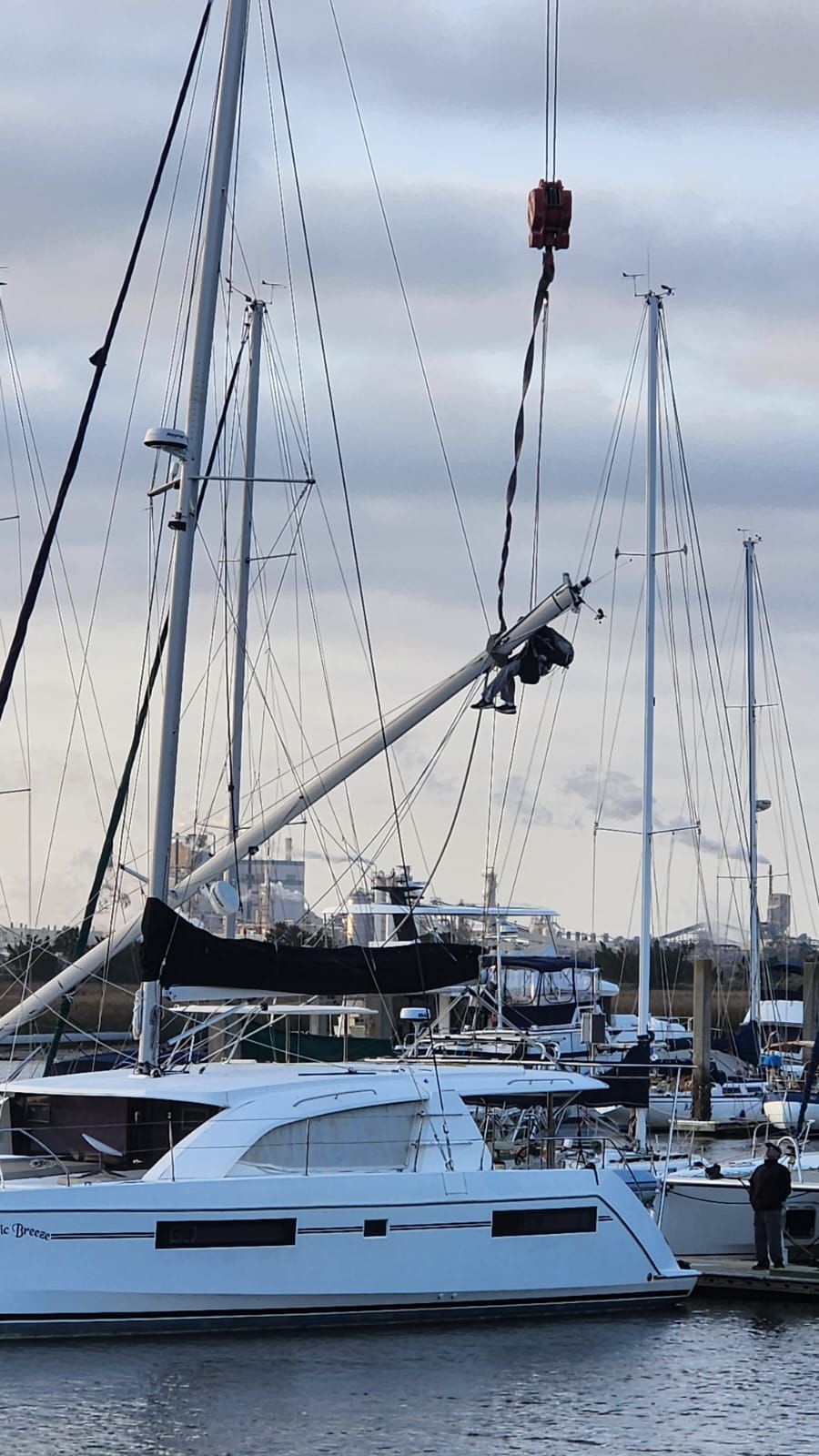 Crane lifting the mast. (Photo/ Alex Jasper)