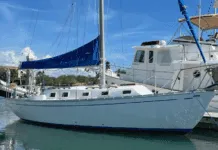 The Endeavour 32's moderate beam and traditional profile reflect her 1970s IOR-influenced design heritage. Though no longer competitive as a racer, the hull remains well-suited for comfortable coastal cruising. Courtesy of Yachtworld.com