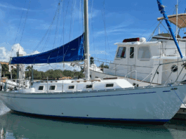 The Endeavour 32's moderate beam and traditional profile reflect her 1970s IOR-influenced design heritage. Though no longer competitive as a racer, the hull remains well-suited for comfortable coastal cruising. Courtesy of Yachtworld.com