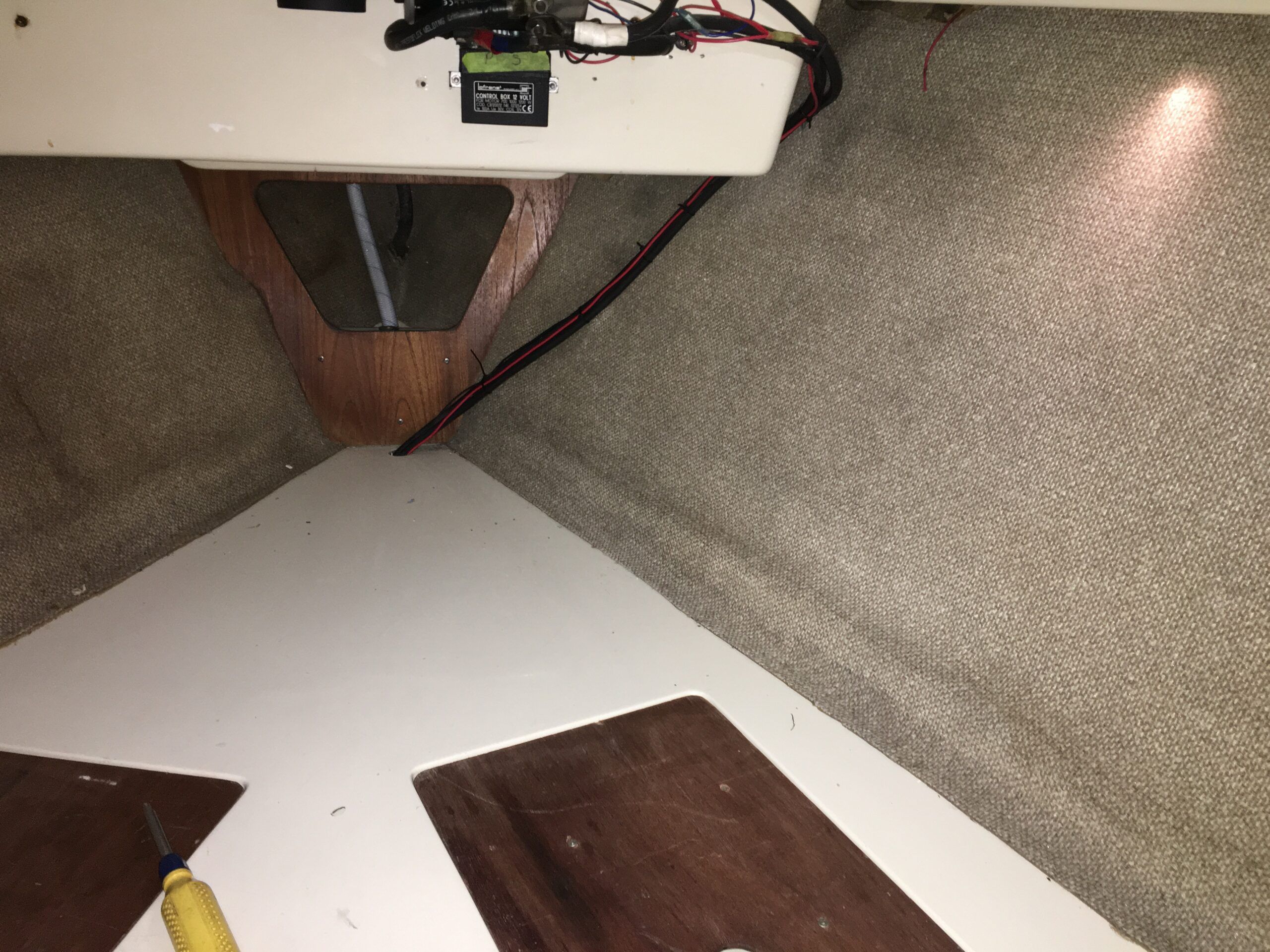 The factory original carpet in the V-Berth of an O’Day 37. (Photo/ Bert Vermeer)