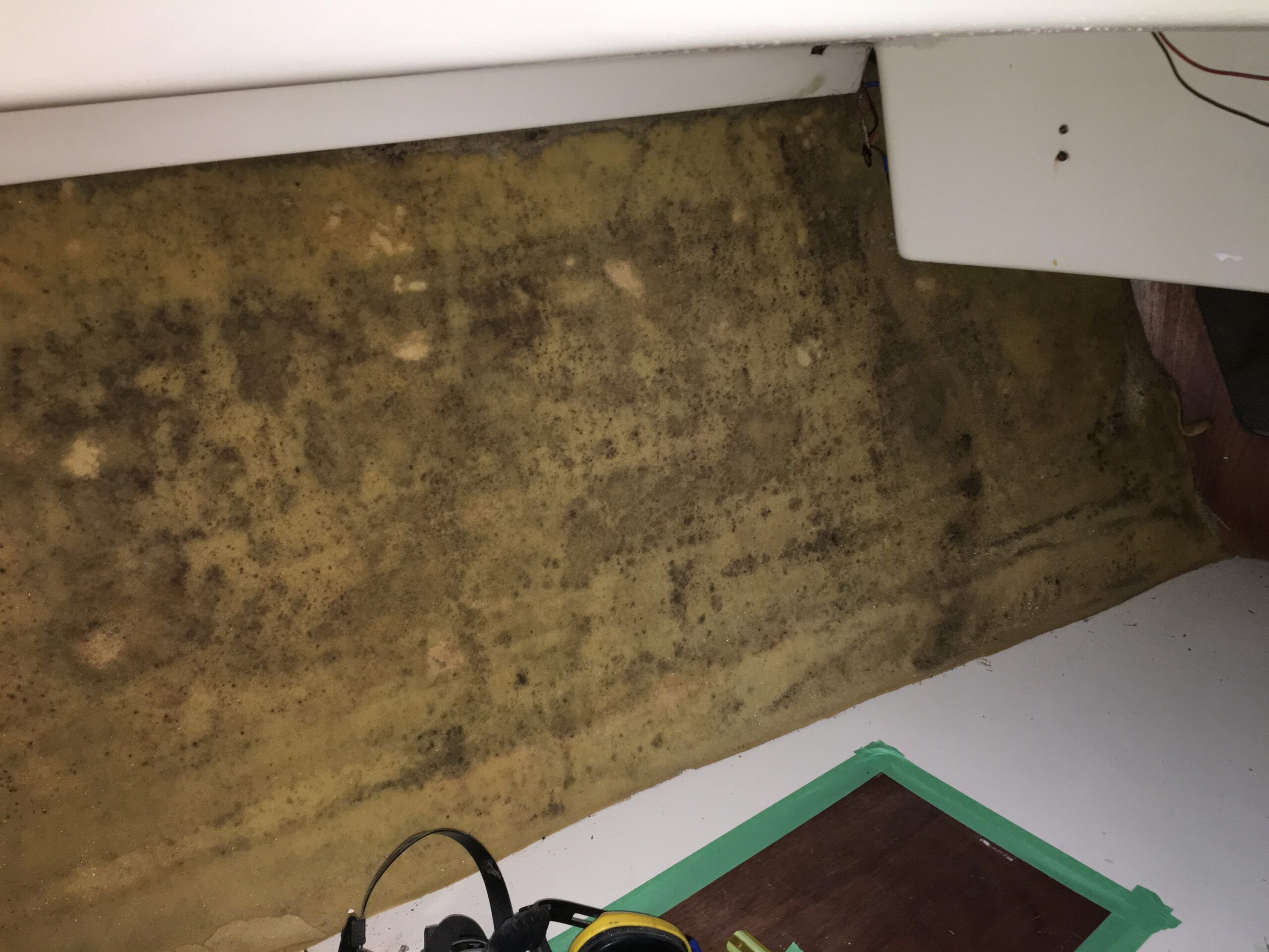 Once the carpet was removed, it exposed the mold embedded in open cell foam glued to the fiberglass hull. (Photo/ Bert Vermeer)