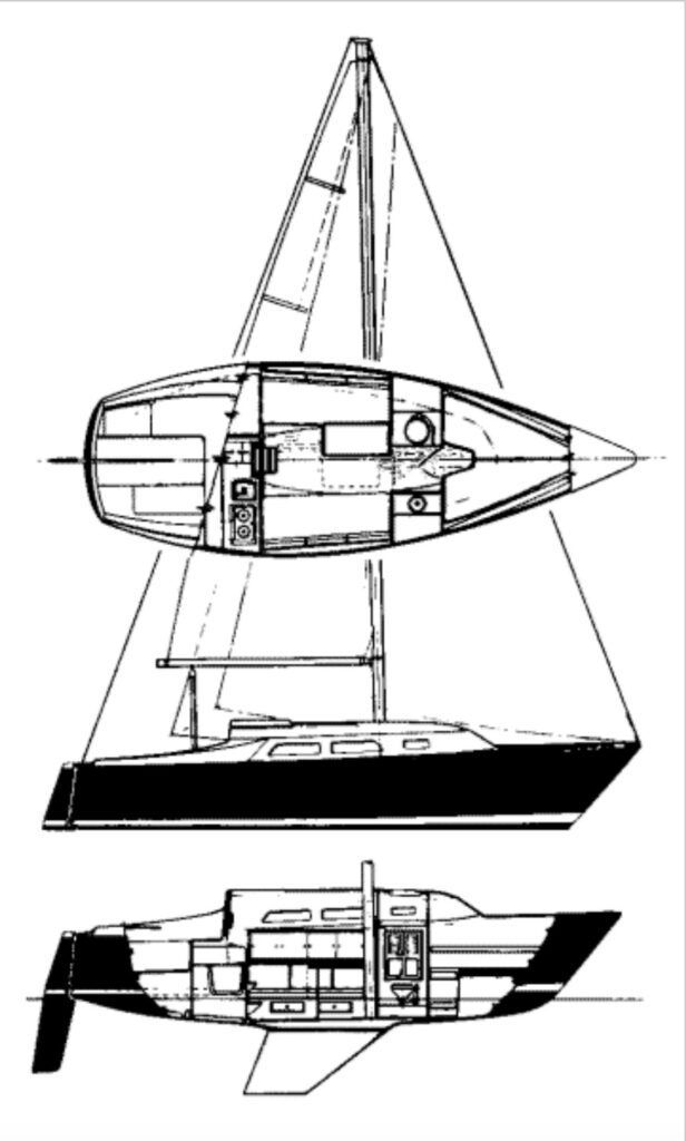 The PY26 is designed for both performance and comfort—her 9.5-ft. beam provides impressive stability for a 26-footer, while the displacement of around 6,000 lb. gives her enough heft for confident coastal cruising without being too heavy for decent sailing performance. Courtesy of Sailboatdata.com