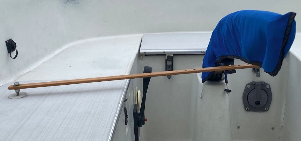 Serving as a tiller lock, the device will keep your rudder centered and minimize wear on your rudder bushings when you’re away from your boat. (Photo/ Doug Henschen)