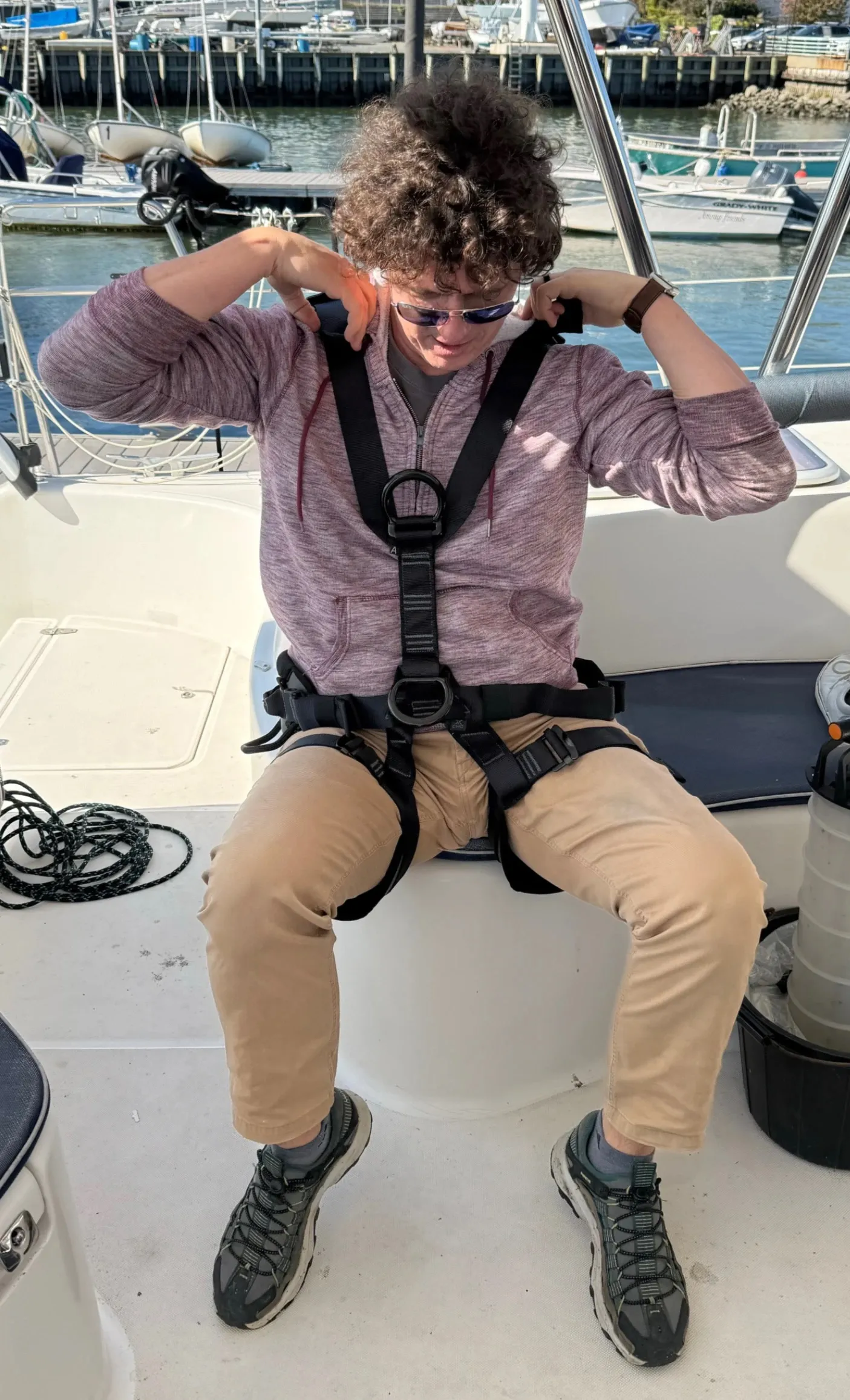 Oliver donning the CMC Atom Global Harness for the first time. (Photo/ Adam Morris)