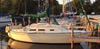 The PY26's classic 1970s lines display designer C. Raymond Hunt's skill at balancing proportions for this popular family cruiser. The conservative rake of the stem and nearly vertical reverse transom help maximize interior space while still stylish alongside more modern cruisers. Courtesy of SailboatListings.com