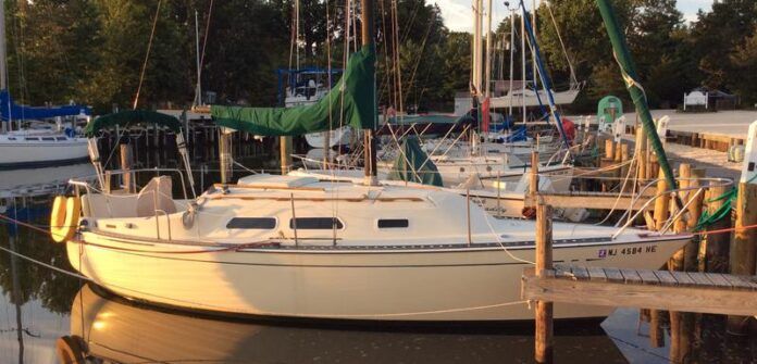 The PY26's classic 1970s lines display designer C. Raymond Hunt's skill at balancing proportions for this popular family cruiser. The conservative rake of the stem and nearly vertical reverse transom help maximize interior space while still stylish alongside more modern cruisers. Courtesy of SailboatListings.com