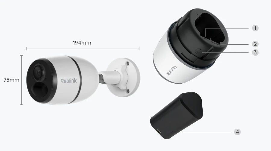 Reolink Smart 4MP 4G Battery Camera. 1. SIM card slot 2. microSC card slot 3. reset hole 4. battery status LED (Image source: Reolink)