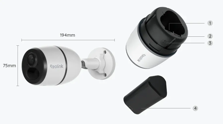 Reolink Smart 4MP 4G Battery Camera. 1. SIM card slot 2. microSC card slot 3. reset hole 4. battery status LED (Image source: Reolink)