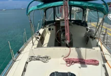 The Irwin 37's well-planned deck layout features a practical cockpit with easy access below and comfortable seating for four adults. Courtesy of YachtWorld.com