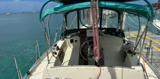 The Irwin 37's well-planned deck layout features a practical cockpit with easy access below and comfortable seating for four adults. Courtesy of YachtWorld.com