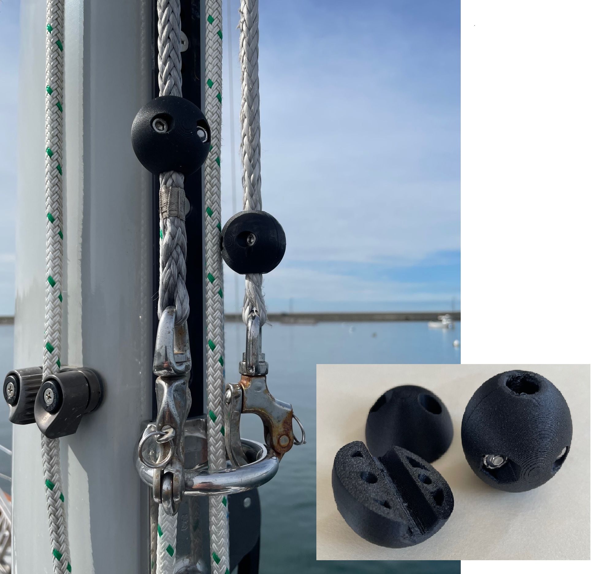 3D-printed halyard balls. (Photo/ Tom Egan)