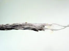 On the failed Dyneema whisker stay, the melting is more severe near the failure point. As the sheet reached a stable point more force and motion was concentrated in a smaller area. (Photo/ Drew Frye)