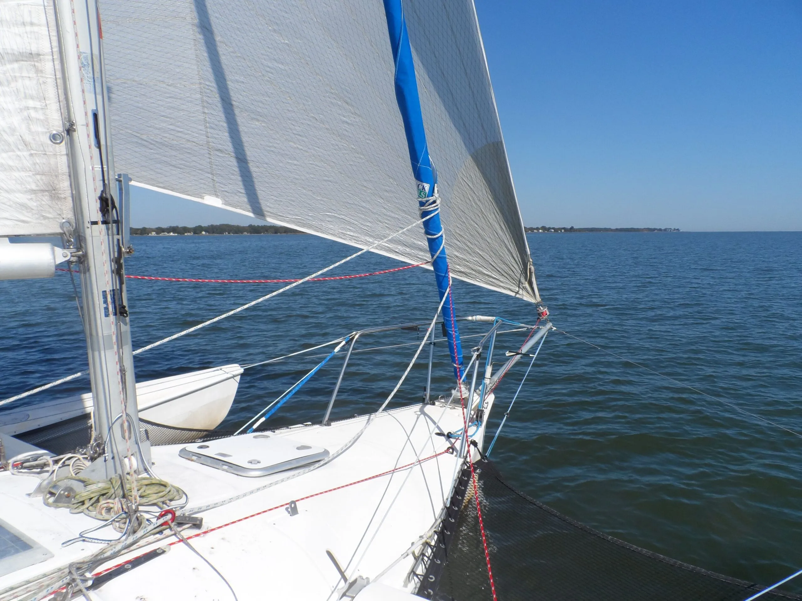 The whisker stays can be seen heading from the tip of the sprit to the port and starboard bow. (Photo/ Drew Frye)