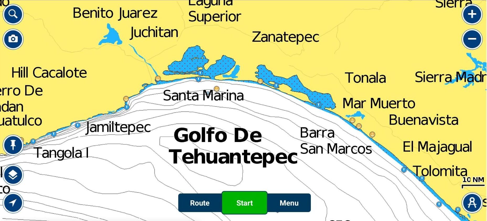 Anchorages in the T-Pec marked by an anchor, and approximately 90 miles apart. Bahia Chipehua is our favorite in the west side of the T-Pec and anywhere near Puerto Ariza is comfortable on the east side, with a comfortable trip the following day into Chiapas. (Image/ Pamela Bendall)