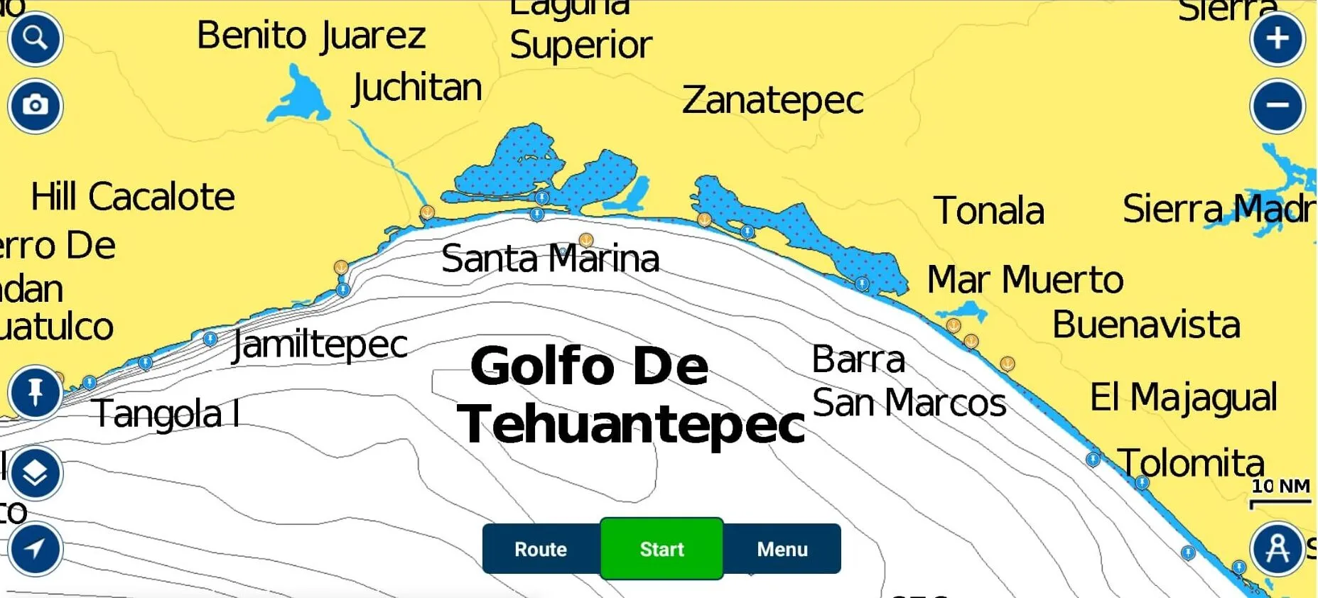 Anchorages in the T-Pec marked by an anchor, and approximately 90 miles apart. Bahia Chipehua is our favorite in the west side of the T-Pec and anywhere near Puerto Ariza is comfortable on the east side, with a comfortable trip the following day into Chiapas. (Image/ Pamela Bendall)