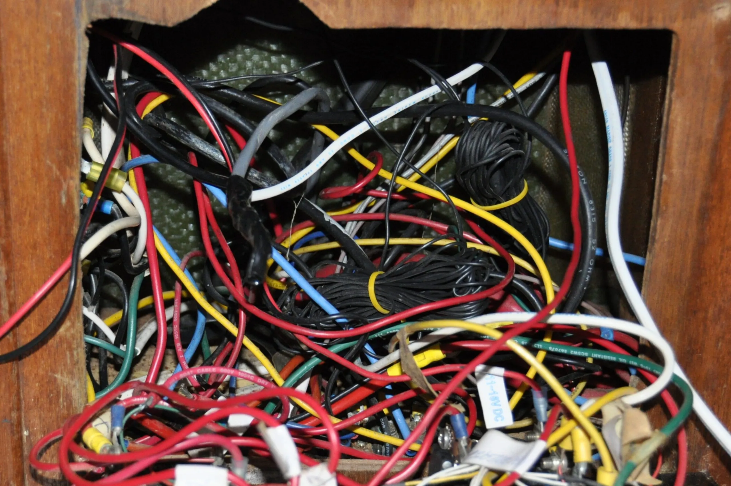 The wiring mess behind the panel when purchased. (Photo/ Bert Vermeer)