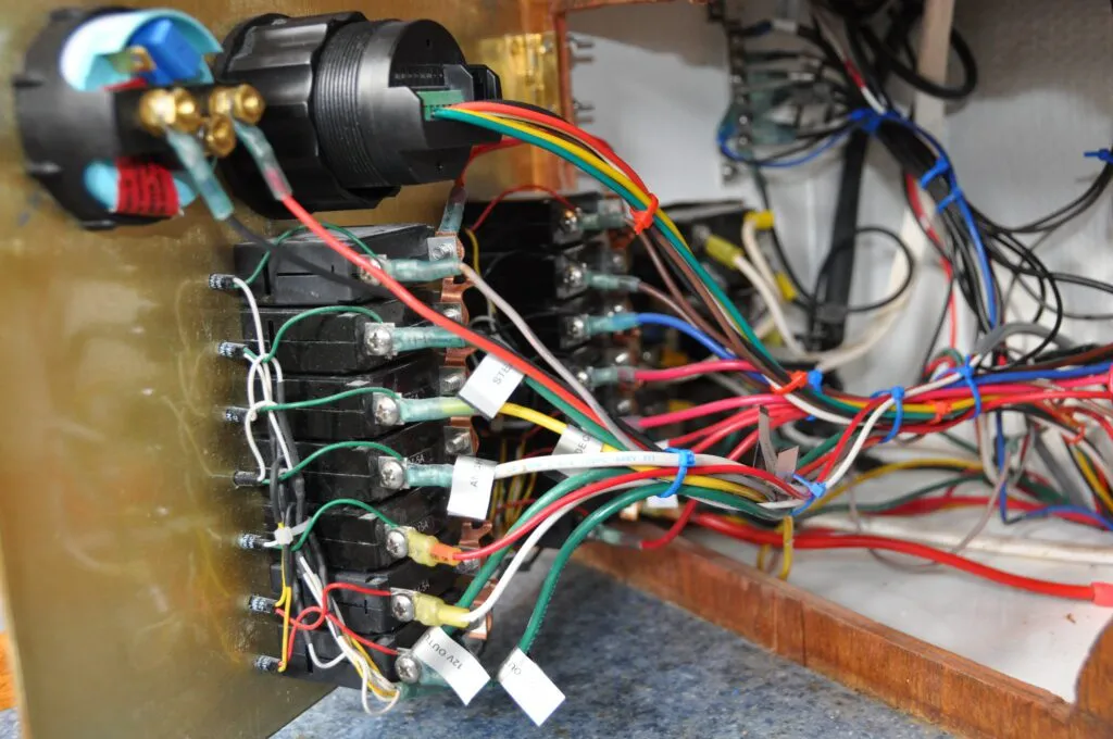 The wiring behind the install is now properly connected and labeled, in contrast to the rat's nest encountered after purchasing the boat. (Photo/ Bert Vermeer)